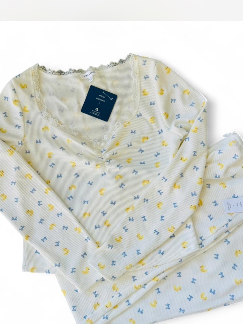 Pink Rose Cream Ribbed Pajama Set with Yellow Duck and Blue Bow Print